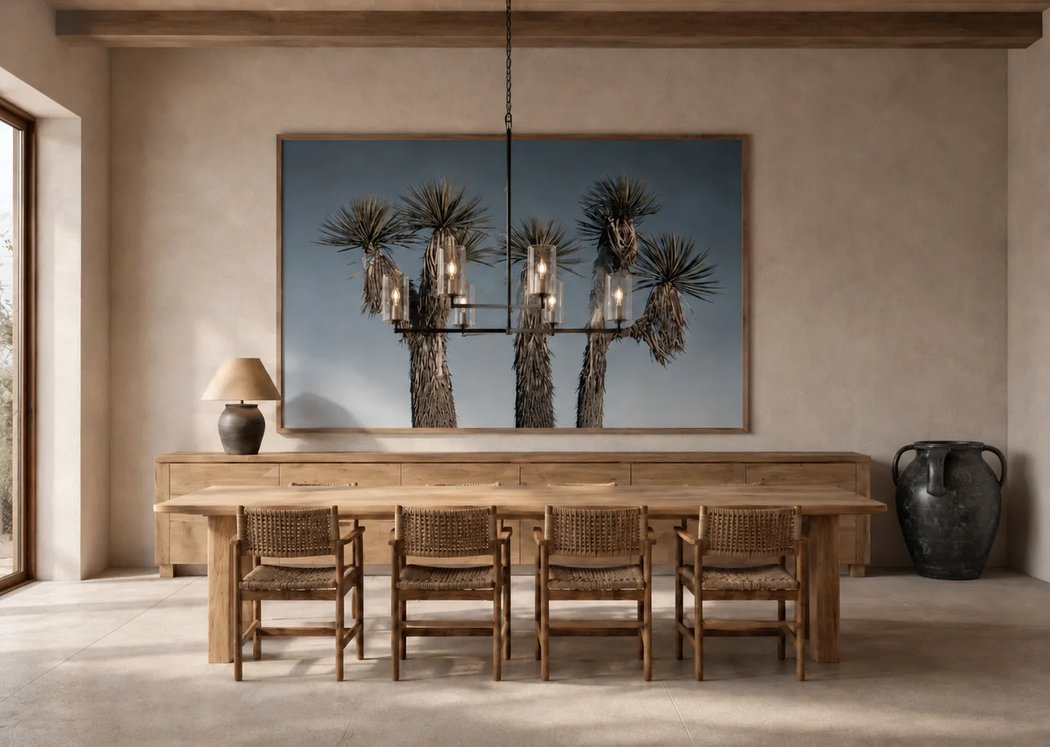Dining room with handcrafted furniture and large-scale art
