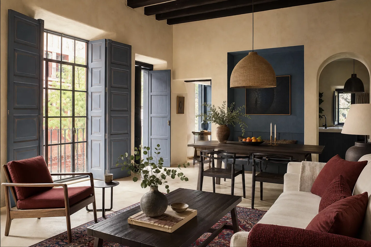 Open-plan rental interior with a consistent designed look, styled for a listing shoot