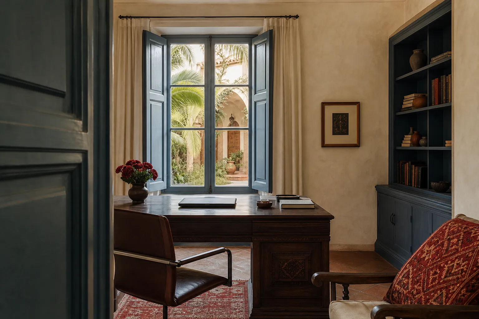 Calm home office with a wooden desk facing a courtyard window in a colonial house