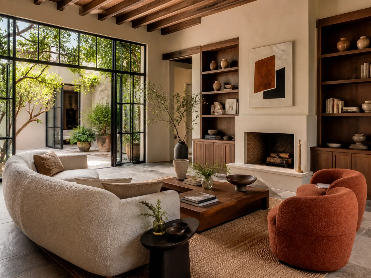 Warm living room opening onto a leafy courtyard
