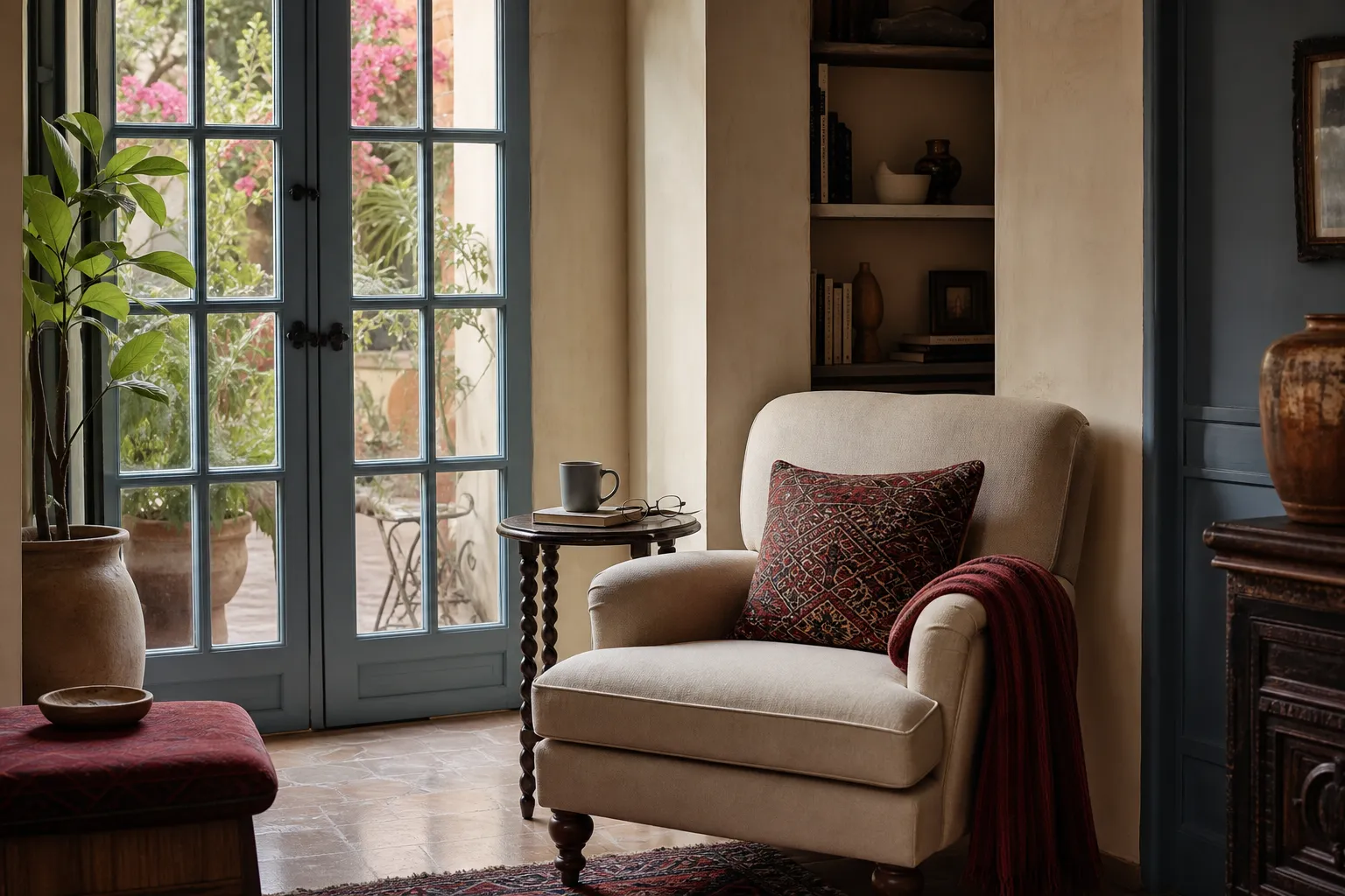 Serene reading corner with an armchair, soft throw, and garden view through French doors in morning light