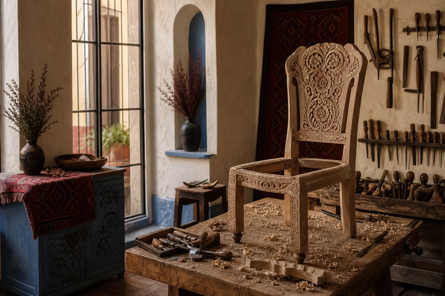 Artisan woodworking workshop with a carved chair in progress on the workbench