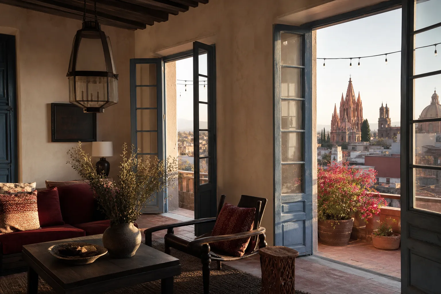 Rooftop view over San Miguel de Allende at golden hour with terracotta rooftops and church spires