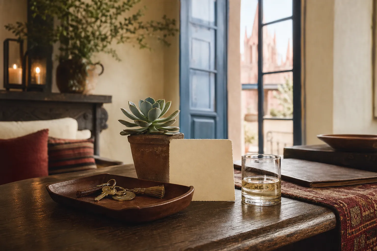 House keys on a leather tray beside a welcome note and a glass of mezcal in warm evening light