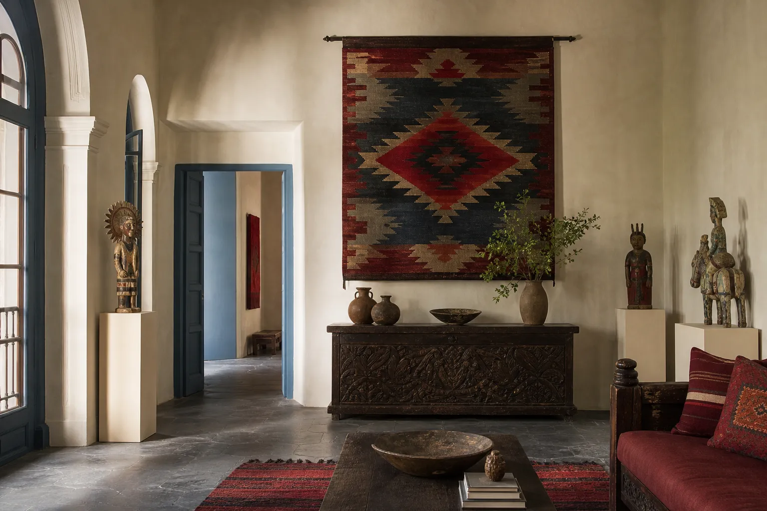 Gallery-like great room with a large handwoven tapestry and sculptural carved wood console